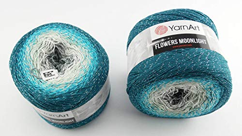 YarnArt Flowers 500 Gramm Bobbel Wolle mit Glitzer und Farbverlauf, 53% Baumwolle, Bobble Strickwolle Mehrfarbig 1000m (Petrol Silber grau 3289)