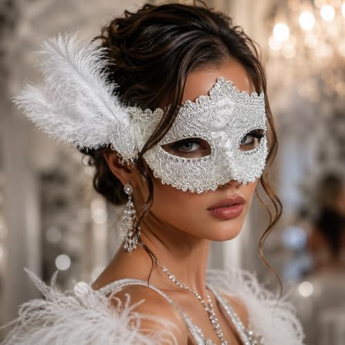Image of Wanna Party White Glitter Masquerade Eye Mask with Feather | Elegant Costume Party Accessory for Halloween, Carnival, Theme Party & Celebration Events | Lightweight Fancy Dress Mask