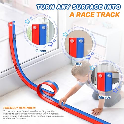 Image of Flexible Race Car Track 6.5 Ft Starter Set with Suction Cups Diecast 1 /64th Car for Ages 3 & Up Track Long Rolls Up Portable (6.5Ft Blue&Red)