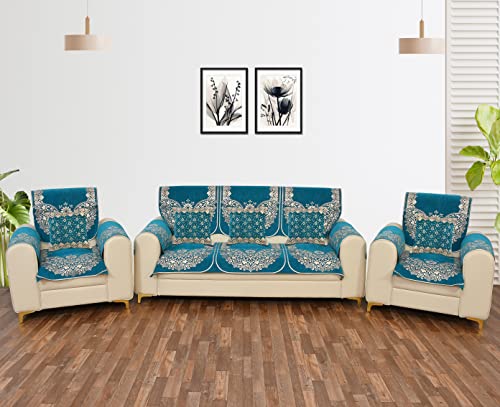 Image of Set of 5 Seater Sofa Cover (3+1+1) with Armrest & Cushion Covers - Premium Stretchable Fabric, Anti-Slip, Soft & Washable Couch Cover for Living Room (Sky Blue)