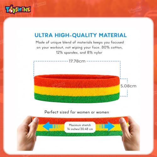 Image of Toyshine Cotton 3 Pieces Sweatbands Set, Includes Sports Headband And Wrist Sweatbands Striped Sweat Band For Athletic Men And Women - Orange Yellow Green