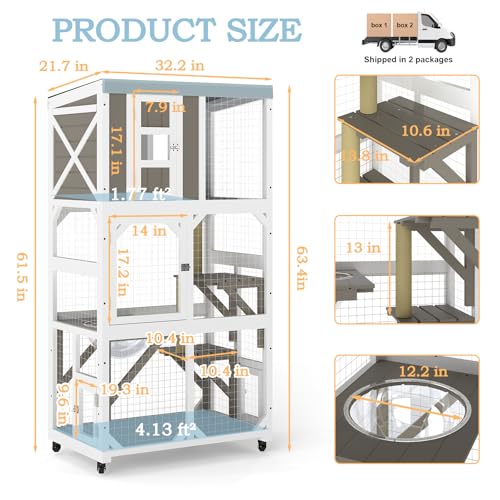 Image of Ketive 64 inch H Large Wooden Catio Outdoor Cat Enclosure with Wheels