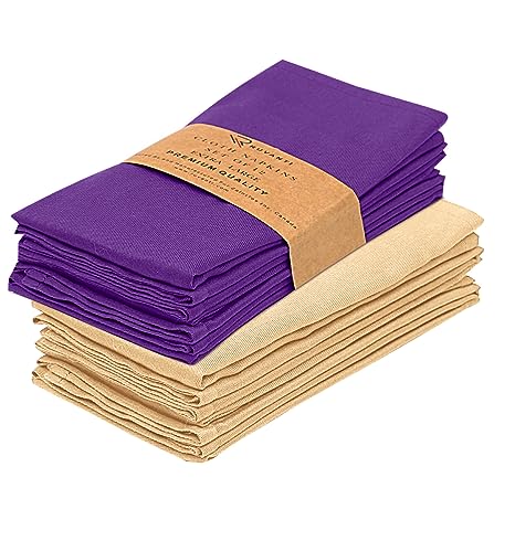 Image of Ruvanti Cloth Napkins Set of 12, 18x18 Napkins Cloth Washable, Soft, Durable, Absorbent, Cotton Blend. Table Dinner Napkins Cloth for Hotel, Lunch, Restaurant, Wedding Parties - Purple & Ivory Gold