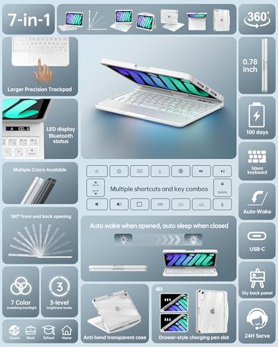 Image of Intermerge Keyboard Case for iPad mini 7 (A17 Pro, 2024) & Mini 6 (2021) 8.3 inch - 360 Swivel Multi-Touch Trackpad, 7-Color RGB Backlit Keys, Pencil Holder, Type-C Charging, Power Indicator-Solid White