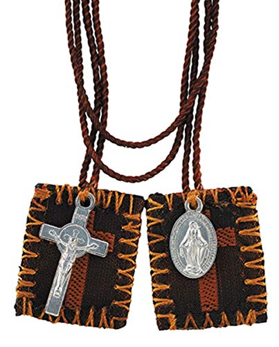 Devotional Scapulars Brown Cross Embroidered Scapular with Miraculous Medal and Cross, 15 1/2 Inch