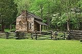 A Fence and Cabin in Smoky Mountain National Park Photo Photograph Cool Wall Art Print Poster 36x24