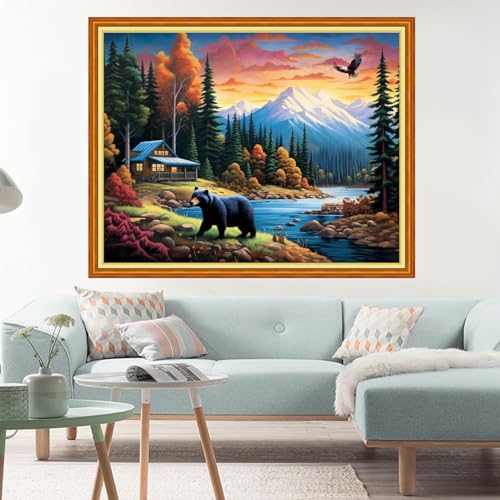 Image of Dimxvean Stamped Cross Stitch Kits,Cross Stitch Kits for Adults Beginners,Embroidery Kits Full Range of Cross Stitch Stamped Kits Needlepoint Kits Cross Stitch Patterns-Black Bear Forest 16x20 inch