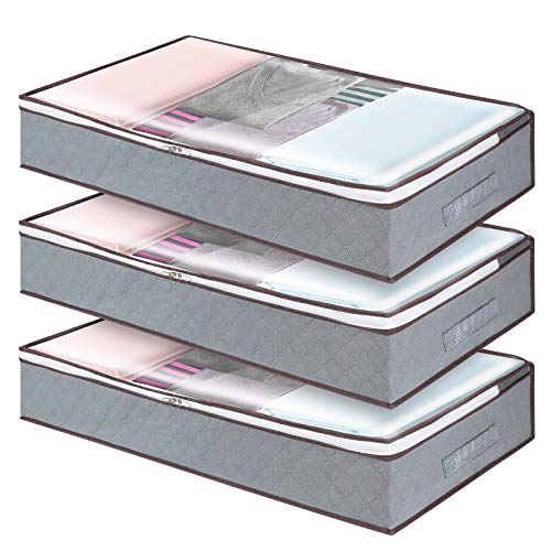 wsryx Unterbett-Aufbewahrungsboxen mit Reißverschlüssen, 3 Stück große Unterbett-Aufbewahrungstaschen mit Deckel, Kleidungslösungen, Organizer-Behälter, Mülleimer mit transparentem Fenster Cover
