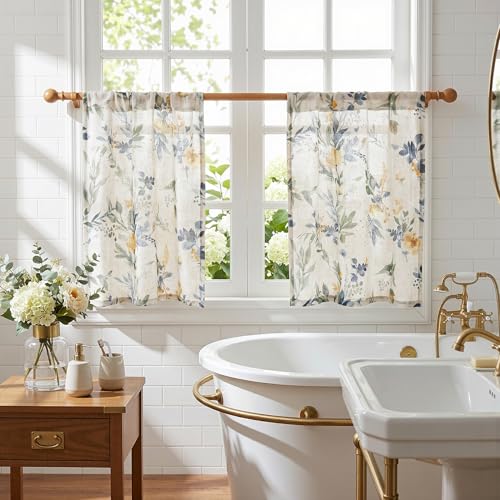 Image of MYSKY HOME Floral Kitchen Curtains 24 Inches Linen Tier Curtains 2 Panels | Farmhouse Blue Flower Patterned Small Window Treatments Airy Light Filtering Rod Pocket for Living Room Bathroom, Each 26 inch W