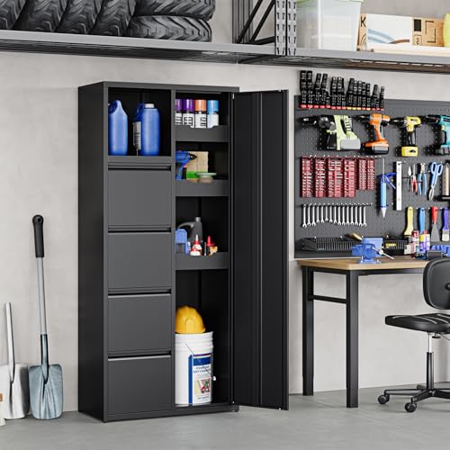 Image of Yizosh Metal Garage Storage Cabinet with 4 Drawers, 71 inch Heavy Duty Tool Cabinet with Door,Tall Steel Storage Cabinet,Utility Tool Cabinet for Garage,Warehouse,Workshop