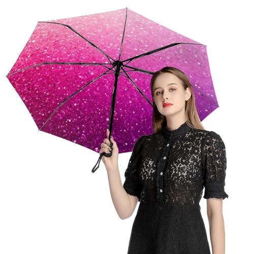 Meaudiwes Fashion Compact Auto Folding Umbrella Windproof Travel Umbrella For Rain & Sun Pink Glitter Pattern