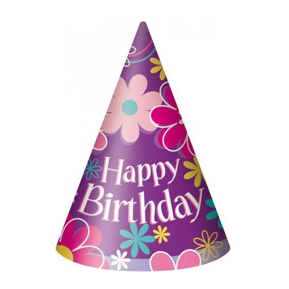 Unique Birthday Blossoms Multicolor Paper Party Hats (21cm) Pack of 8 - Vibrant & Festive Cone Hats for Celebration Fun