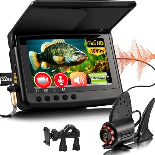 2026 [Audio+Video Record] HD1080P Underwater Fishing Camera w/DVR 32GB 10000mAh 5 OLED Ice Fishing Camera Underwater Portable Fish Finder Gift for Men IR Ice and Boat Fishing 65FT