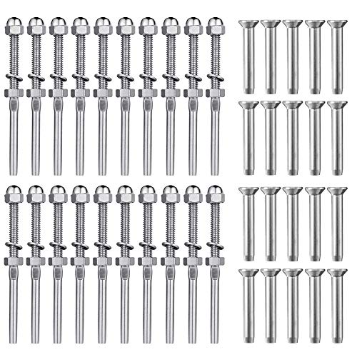 WELTEK - WELTEK 20-Pack Stainless Threaded Terminal Stud and 20-Pack Hand-Crimp Stemball Swage for 1/8" Cable Deck Railing Hand Swage - T316 Marine Grade