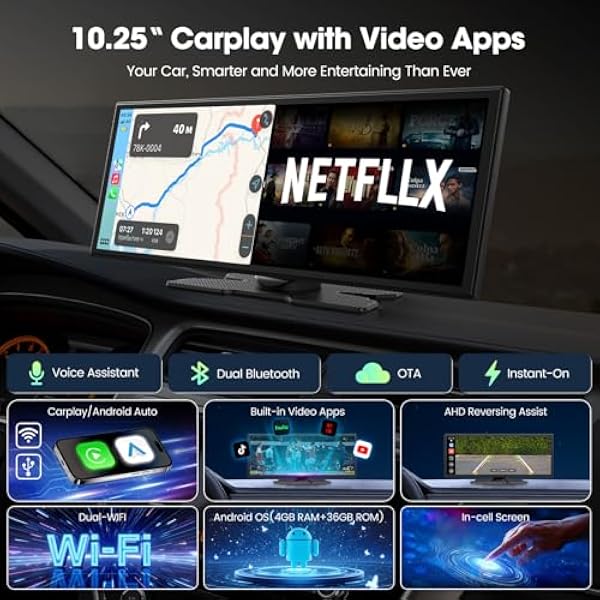 LAMTTO CarPlay Netflix YouTube TikTok 10 25-дюймовый беспроводной автомобильный дисплей с поддержкой Apple CarPlay и Android камерой заднего вида встроенными приложениями режимом разделения экрана и двойной навигацией