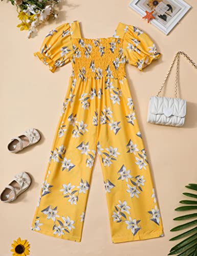 Girls Jumpsuit Romper Floral Printed 7T Girls Clothes Size 8 Cute Girl Square Collar Short Ruffled Flutter-Sleeve Yellow Outfits Long Pants Adjustable Strap Button Down For Spring Summer Fashion #TOP3