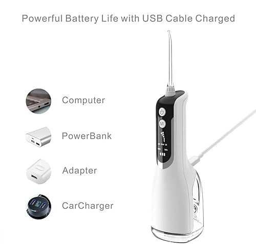Miniatura 7 de Irrigador dental de agua con batería potente, irrigador oral para limpiador de dientes, 5 modos y 4 puntas de chorro, IPX7 impermeable, tanque de
