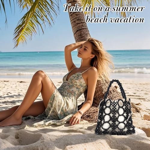 Image of YYW Unique Handmade Wooden Bead Tote Bag for Women, Small Handwoven Clutch Purses Woven Bucket Handbag and Drawstring Handbag