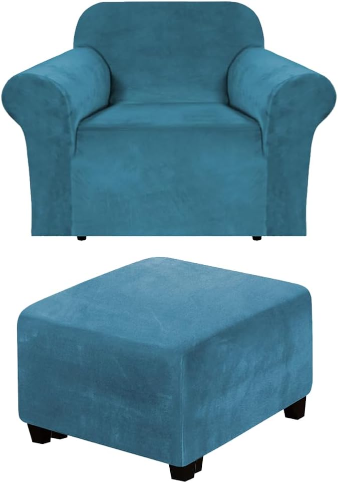 Andreannie Velvet Royal Blue Chair Slipcovers Armchair Sofa Covers Chair Couch Covers for Armchair Bundle Ottoman Slipcover (Royal Blue)