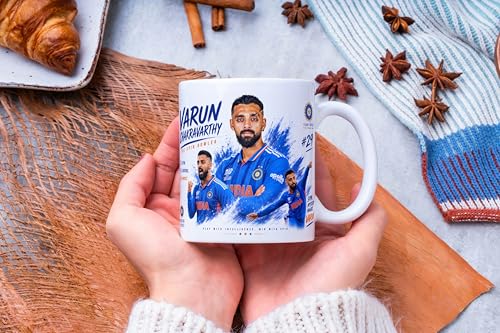 Image of Cricket Theme Coffee Mug IPL Edition - Stylish Helicopter Shot Print Cup - Gift for Cricket Fans, Boys & Friends (Varun chakravarthy)