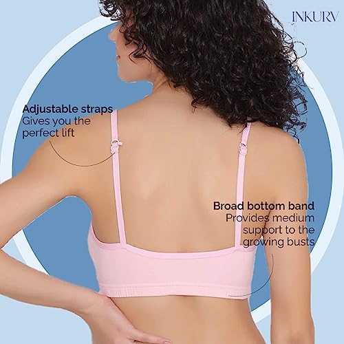 Image of INKURV Slip on Beginner's Bra for Girls, Non Padded, Non Wired, No Hooks with Double Layered Fabric, Adjustable Straps, Wirefree Sports Bra- Lisa Combo of 3