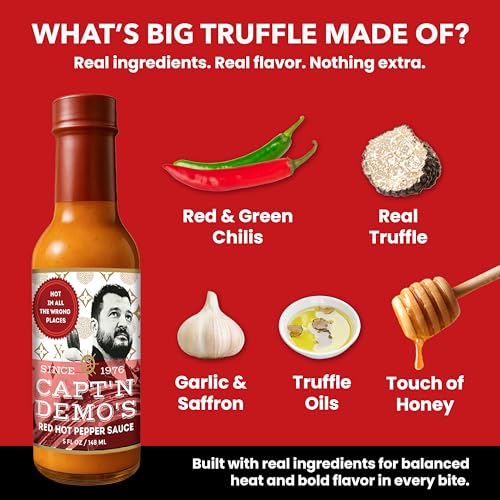 Image of CAPTAIN DEMO's DOUBLE TRUFFLE Red Hot Pepper Sauce - Two Bottle Pack with BONUS Travel Bottle, Gourmet Hot Sauce With Black AND White Truffles, Perfect Level of Garlic-ky, Hot Honey Heat