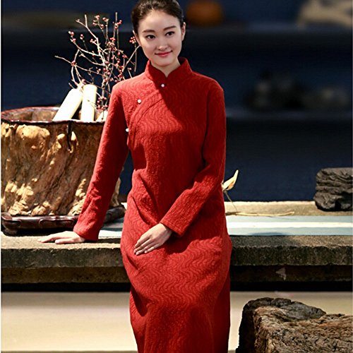 Robe cheongsam femme coton jacquard rouge style rétro chinois ZULQ S