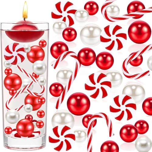 Cqueni Christmas Vase Filler 91 PCS Red White Vase Filler Beads Faux Candy Cane Christmas Vase Filler for Holiday Party Decor