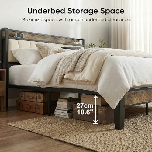Image of LIKIMIO Queen Bed Frame, Storage Headboard with Charging Station, Solid and Stable, Noise Free, No Box Spring Needed, Easy Assembly (Walnut and Beige)