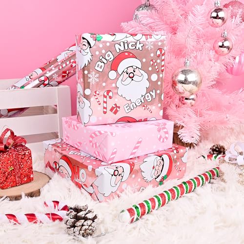 Dlyrroba Reversible Christmas Wrapping Paper Roll - Metallic Foil Gift Wrap with Xmas Design for Holiday Winter (Big Nick Energy - Pink, 17 In X 16.5 Feet) — view 4