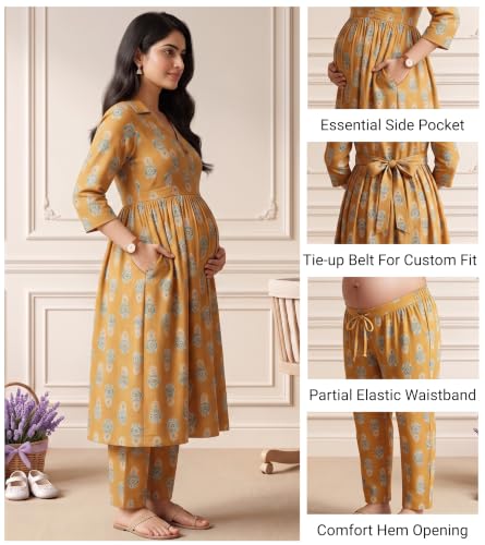 Image of DUMMY SHAPE Maternity Dresses for Women Cotton | Floral Kurta Pant Dupatta Set with Nursing Zippers, Side Pocket | Pre & Post Pregnancy | Feeding Kurti Suit | Baby Shower | Gifts for Pregnant Woman