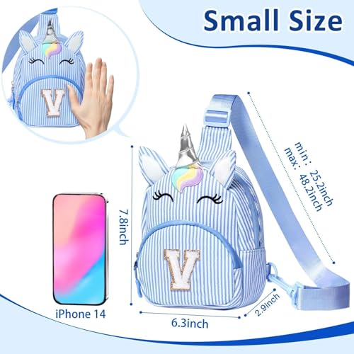 Image of COSHAYSOO Blue Little Girls Purse Unicorn Easter Basket Stuffers 3 4 5 6 7 8 Year Old Girl Birthday Gifts, Kids Crossbody Bag Fanny Pack Spring Break Fashion Cute Essentials Initial Letter V