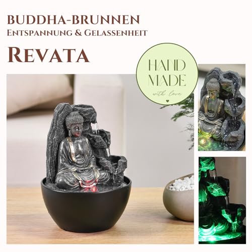Zen'Light Revata Zimmerbrunnen, Buddha, entspannend, Wasserfall-Brunnen, Zen-Dekoration, Feng Shui, Glücksbringer, clevere und nützliche Geschenkidee, Tischbrunnen mit LED-Licht, H 18 cm