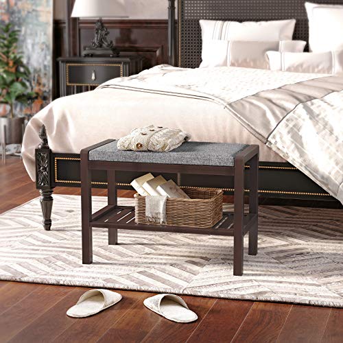 Image of SONGMICS Shoe Rack Bench with Cushion Upholstered Padded Seat, Storage Shelf, Shoe Organizer, Holds Up to 350 lb, Ideal for Entryway Bedroom Living Room Hallway Garage Mud Room Gray and Brown ULBS65C
