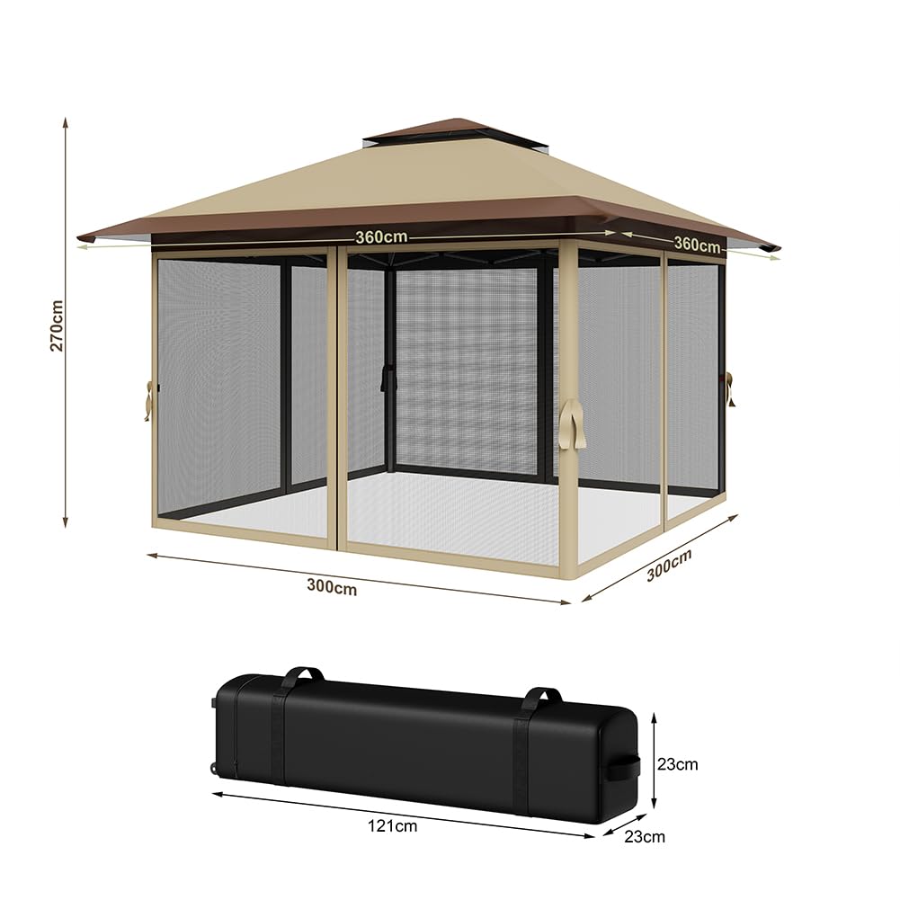 BAKAJI Gazebo Pieghevole One touch 3.6 x 3.6 M, Rivestimento in PU Anti UV e Antipioggia, Struttura Acciaio Resistente Intemperie, Borsa con Ruote e Accessori, Ideale per Giardino, Esterno, Terrazzo