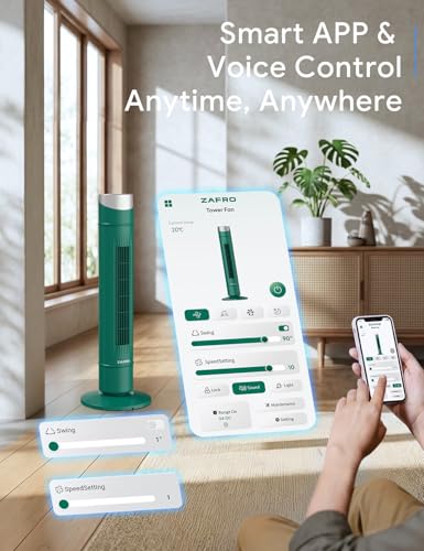 Image of ZAFRO Smart Tower Fan for Bedroom,120 Oscillating Fans that Blow Cold Air | 28ft /s High-Speed 12 Speeds 4 Modes Upgraded DC 22dB Ultra Quiet,App /Voice Control,Standing Fan with 12H Timer,36Inch,Green