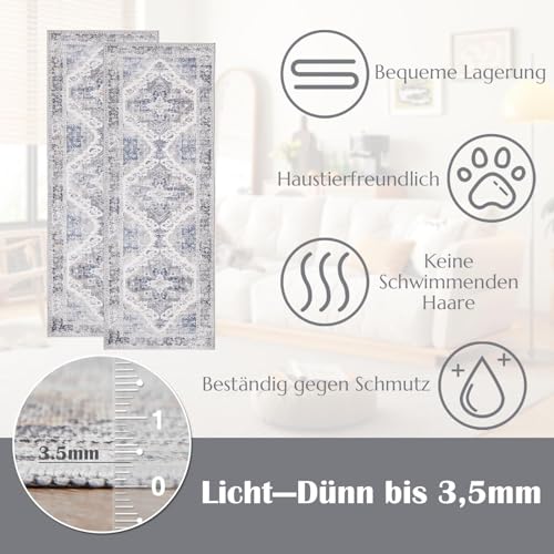 TOPICK Fußmatte Waschbar Fussmatte Innen Grau Vintage Blume Orientalischer Dünner Faltbar Türmatte Abtreter rutschfest Teppich für Haustür Eingangs Küche Patio Flur Schlafzimmer 60x90cm