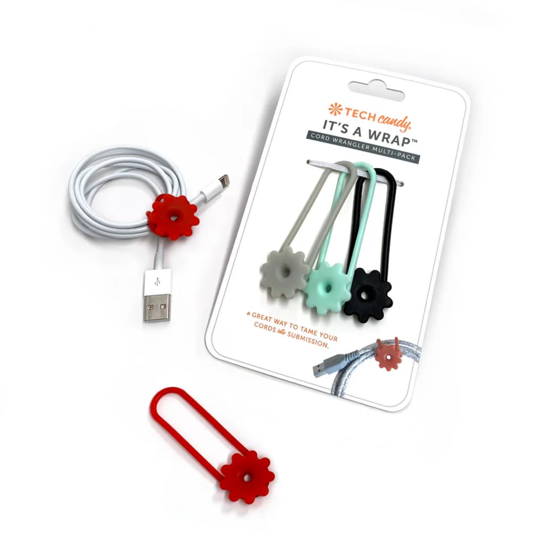 Tech Candy It's a Wrap Cord Organizer Set- Comes with 4, Black, Red, Mint, & Gray, Cord Wrangler, Easy to Use, Cute, Compact & Portable, for Headphones, USB Cables, Chargers, Keep Cords Neat & Tidy