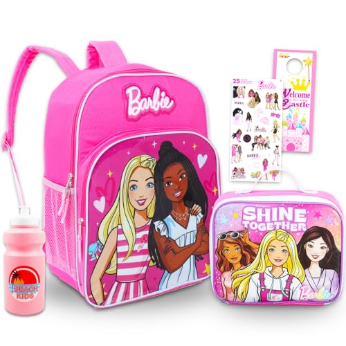 Barbie Backpack and Lunch Bag Set - Bundle with 16" School Bag, Lunch Box, Water Bottle, Stickers, More | Barbie Backpack with Lunchbox for Girls, Kids