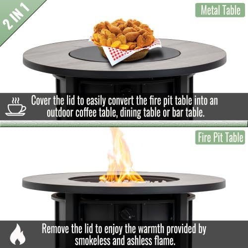 30" Propane Gas Fire Pit Table, 50000 BTU Round Steel Fire Pit with Wood Grain Ceramic Tabletop for Outside Patio Deck Garden Backyard- Black