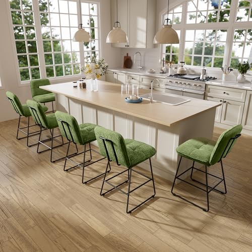 Image of Ollega Bar Stools Set of 6, 26 inch Counter Height Bar Stools with Back, Wide Seat Fabric Modern Barstools for Kitchen Island with Metal Legs and Footrest, Bluish Green