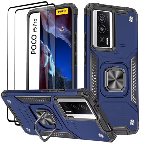 Cover per Xiaomi POCO F5 Pro 5G Vetro Temperato 2 Pack Custodie 360° Rotante Anello Magnetica Ring Supporto Bumper - silicone tpu blu