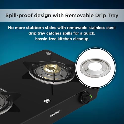 Image of Butterfly Bleu Ray 2 Burner Glass Top Gas Stove | Removable Drip Tray | Brass Burner Gas Stove with Tri‑Flow Jumbo Burner