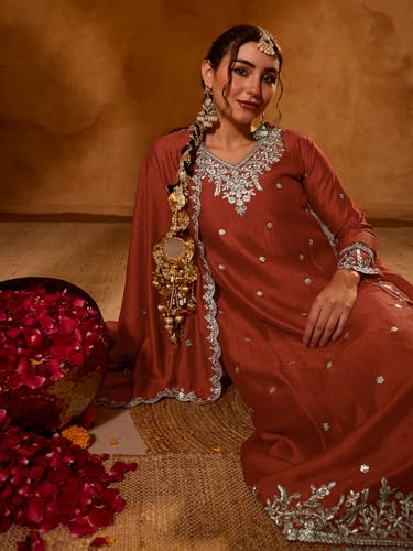 Image of Naixa Women's Vichitra Silk Embroidered A-Line Kurta with Pant and Dupatta Sets (NX-845)