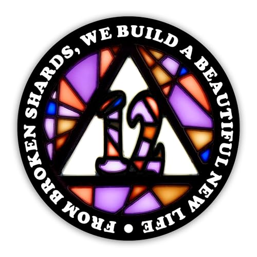 Image of Stained Glass 12 Year AA Chip Sobriety Coin Medallion, Fragments to Freedom Alcoholics Anonymous Addiction Recovery Anniversary Token, Inspirational Sober Gifts for Men and Women by the Token Shop