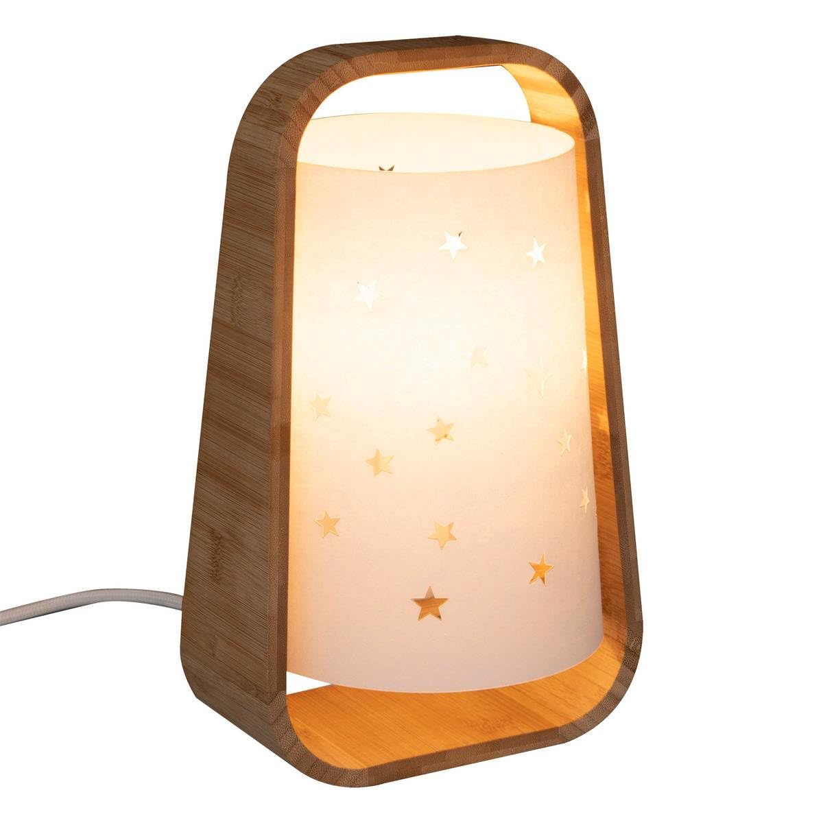 Atmosphera - Lampe à Poser Enfant Étoiles Blanche - D. 15 x H 27 cm - Base Bambou, Abat-Jour Papier - Pour Chambre, Veilleuse, Lampe de Chevet