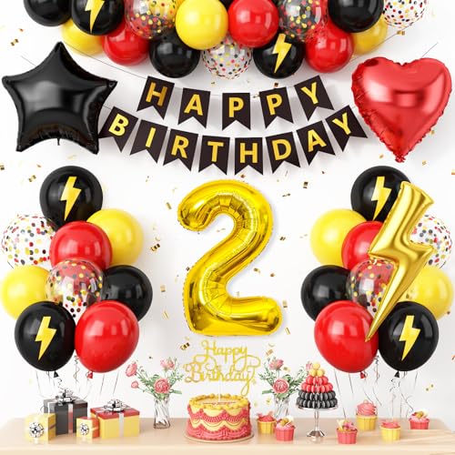2nd Birthday Decorations for Boys,Red Black Yellow Birthday Party Number 2 Balloon with Star Heart...