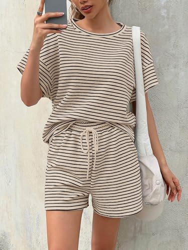 Image of Tankaneo Womens Pajama Sets Striped 2 Piece Lounge Sets Short Sleeve Oversized T Shirts Drawstring Shorts Matching Set