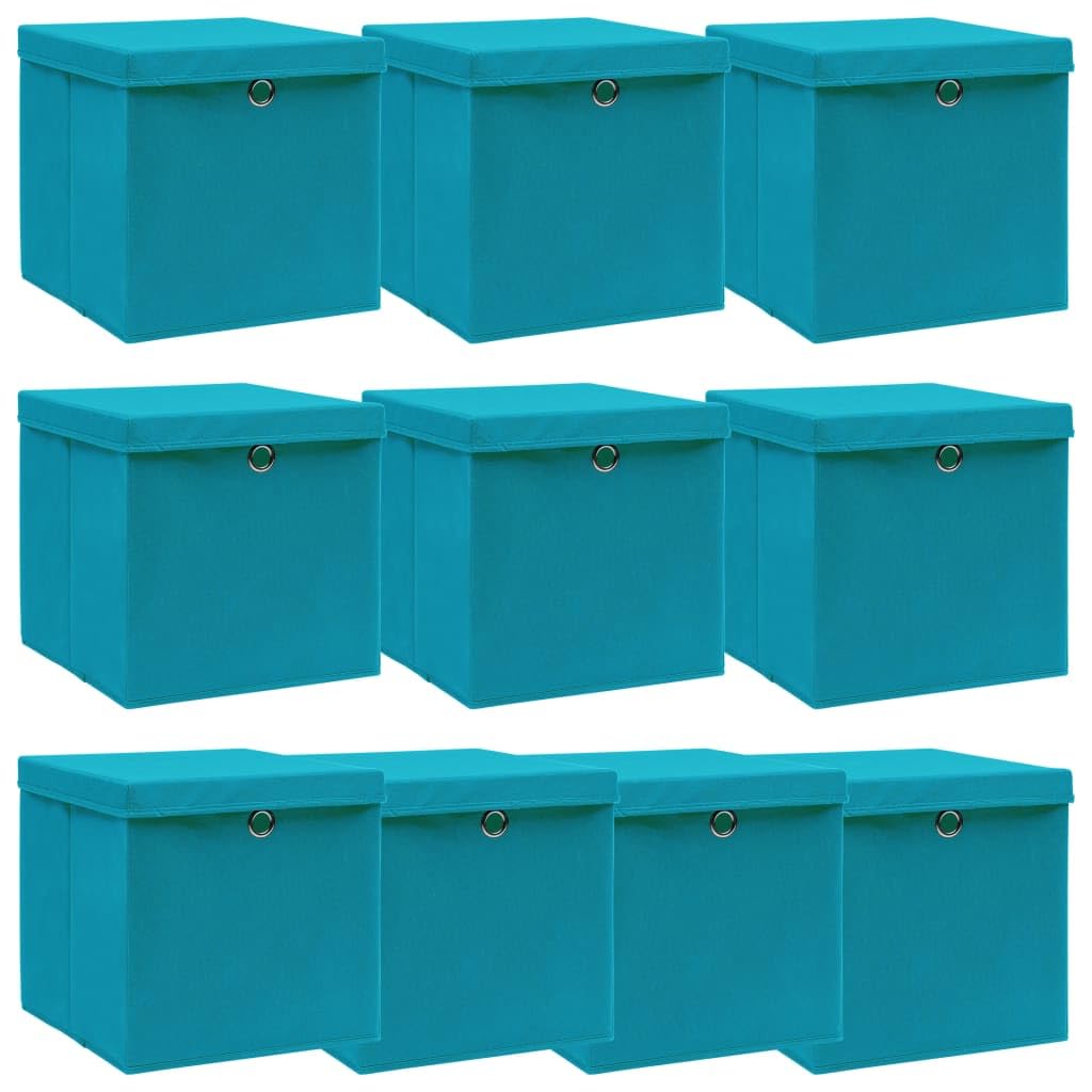 Scatole portaoggetti con coperchio, 10 pezzi, blu baby, 32 x 32 x 32 cm, in tessuto, pieghevoli, salvaspazio, impilabili, organizer per armadio, scaffale, camera da letto, ufficio, casa