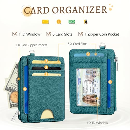 Image of Kelvoris Teal Blue Credit Card Holder Small Wallet Women, Minimalist Slim RFID Blocking Wallet Woman Keychain with Zipper Coin Pocket, Front Pocket Thin Travel Card Case with ID Window Ladies Gifts